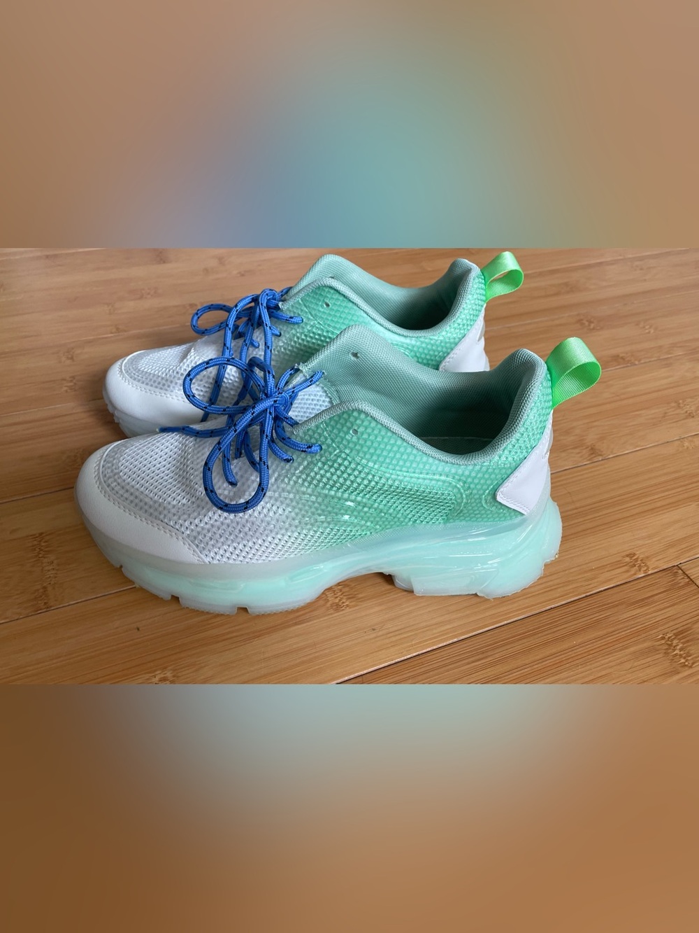 ESSENTIEL ANTWERP Mint Green and White Athletic Sneakers with Blue Laces OMBRÉ